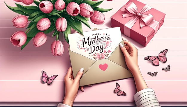 Mothers Day Womans hands holding a letter in a craft envelope with text Happy Mothers Day Soft pink background Tulip flowers