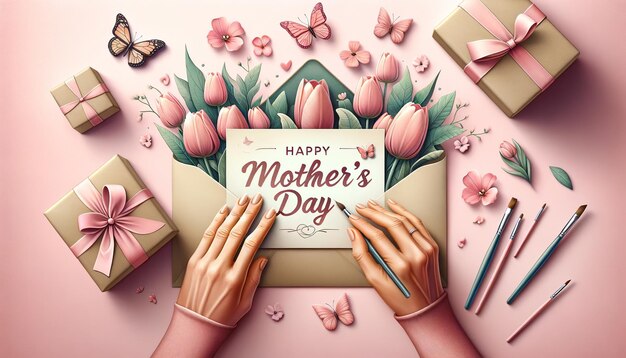 Mothers Day Womans hands holding a letter in a craft envelope with text Happy Mothers Day Soft pink background Tulip flowers