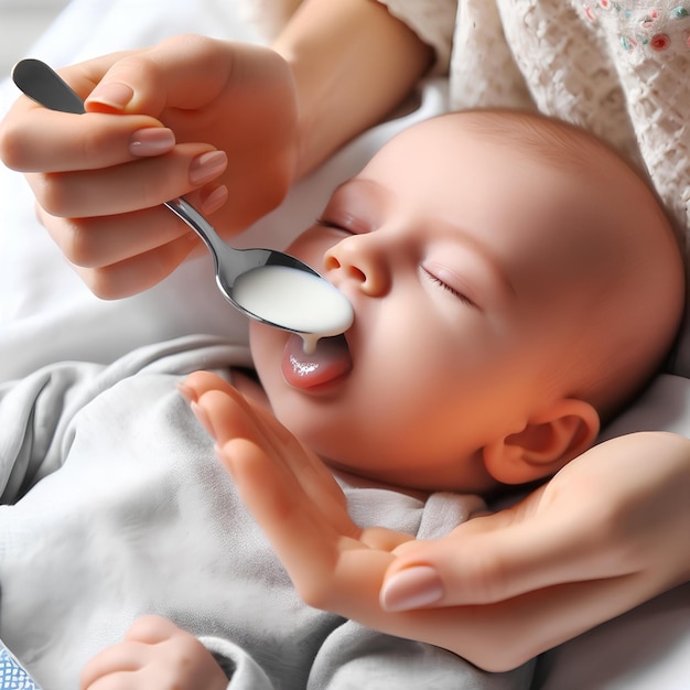 Фото Мать кормит ребенка с помощью ложки на белом фоне