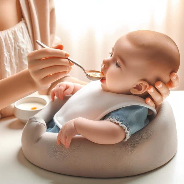 Photo mothers hand feeds sitting baby from spoon on white background