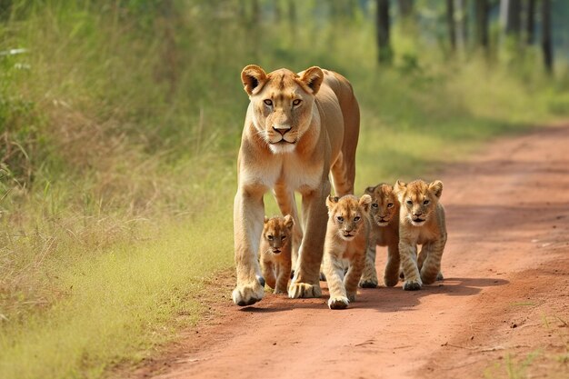 Foto le madri guardano la leonessa per garantire la sicurezza dei cuccioli