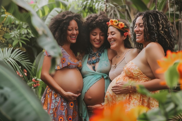 Motherstobe representing a mix of cultures converge in the third trimester celebrating their pregnancies with diversity and happiness
