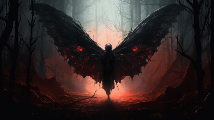 Photo mothman a realistic rendering of a female demon in the forest at night