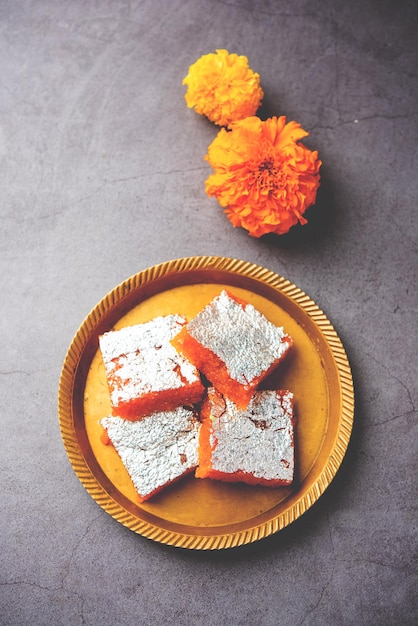 Photo moti pak or motichur barfimotichoor burfi is a popular indian sweet for diwali special occassion