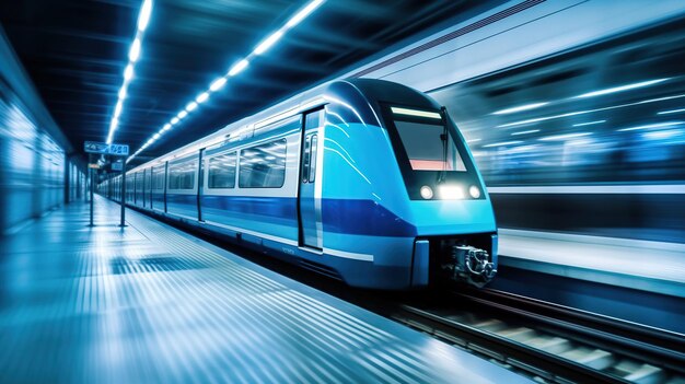 터널 생성 AI에서 이동하는 자동 열차의 모션 블루 블러