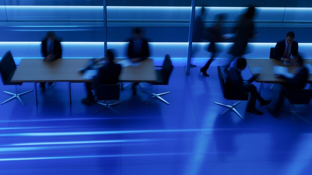 Motion blur beeld van vervaagde zakenlieden in het kantoor