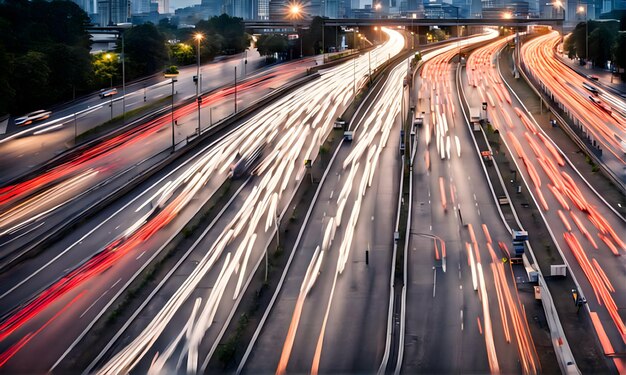 Photo the motion blur of a busy urban highway during the evening rush hour
