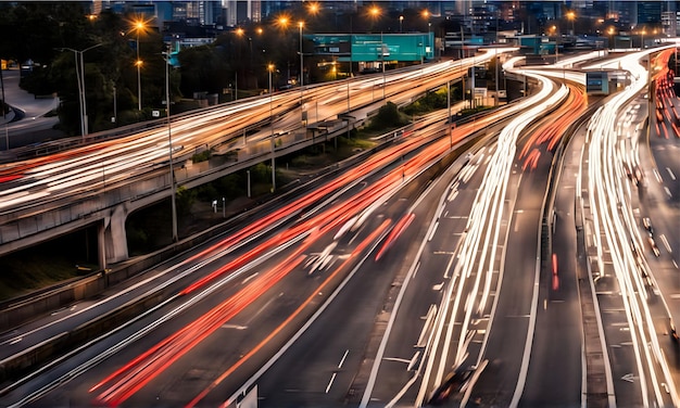 Photo the motion blur of a busy urban highway during the evening rush hour