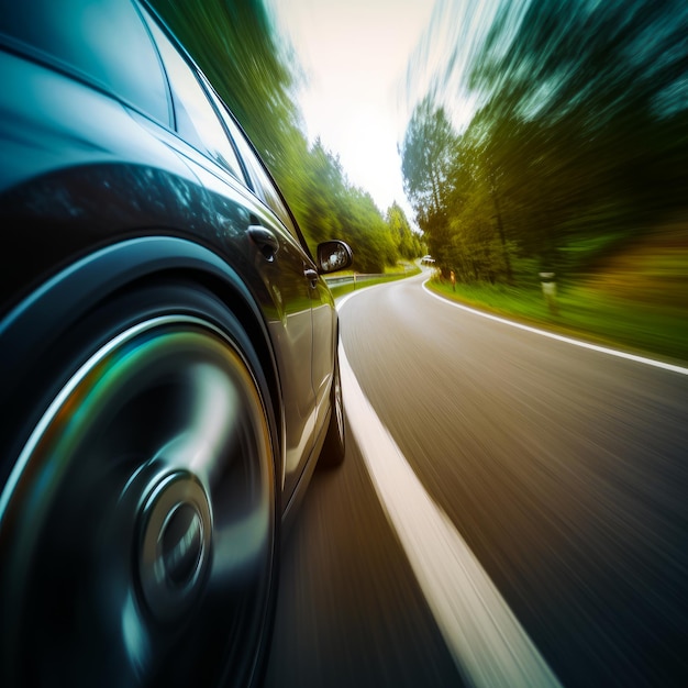 Photo motion blur of a car on the road closeup of a wheel wide a car driving down a road with trees in the background