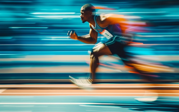 Photo motion blur image capturing a male athlete in midsprint intensity and speed palpable vividly set against a streaked blue background