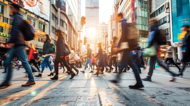 Motion blur of people crossing a busy city street during the day with the sun shining brightly in the background