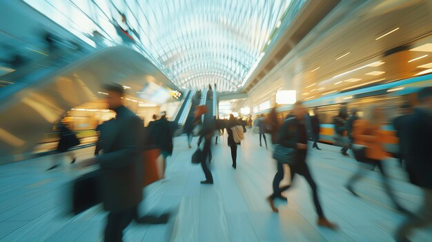 Motion blur of people walking in a busy train station