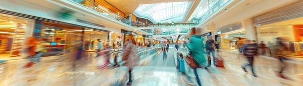 A Motion blur of people walking in a shopping mall