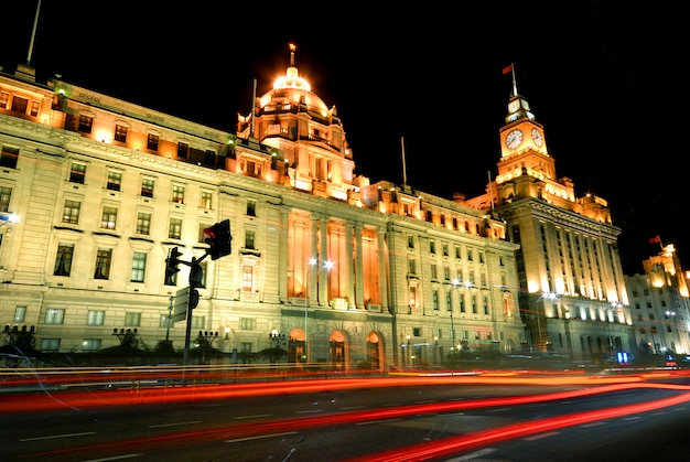 Motion blur of traffic on the historic Bund, Shanghai.