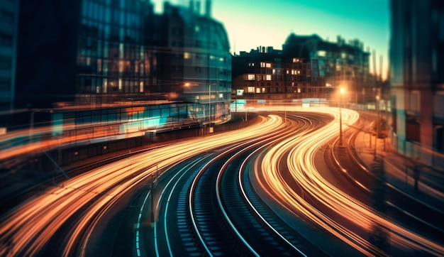 Motion blur of trains passing into a city