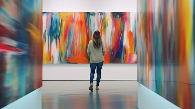 Motion blur of a young woman passing through an art gallery with modern paintings on the walls Generative AI