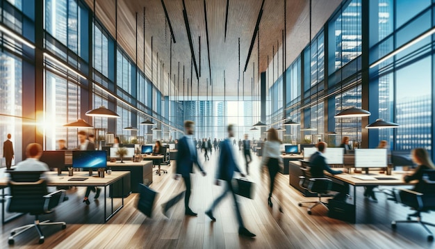 Motion blurred figures of professionals bustling through a contemporary office space with city skyline views