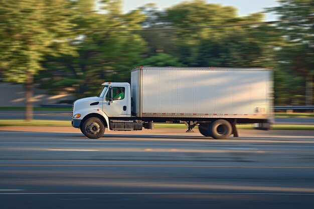 Motion blurred utility truck on highway in summer morning