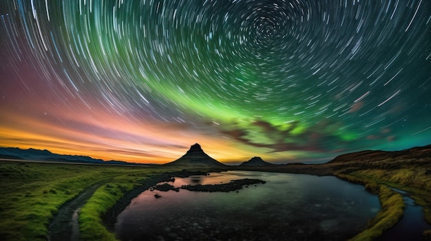 Motion capture circle star with Aurora northern light in the night sky