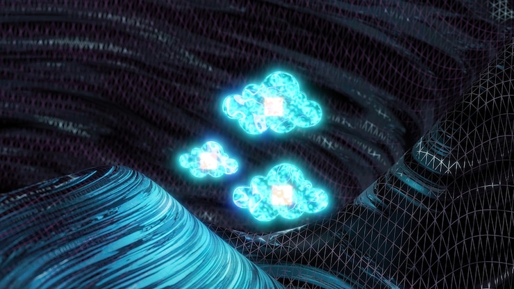 Photo motion graphics of blue cloud symbols with wavy dark background