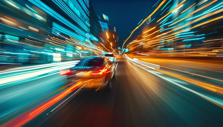 Photo motion speed effect with city way car ride
