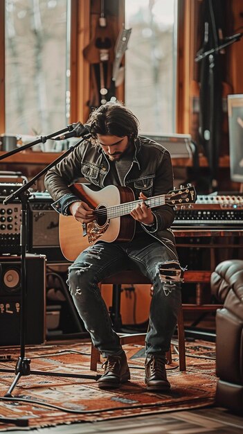 Photo motionless man with acoustic guitar in studio