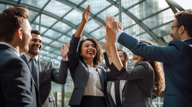 Photo motivated multinational team raise high fives after finding problem solution as successful brainstorm result