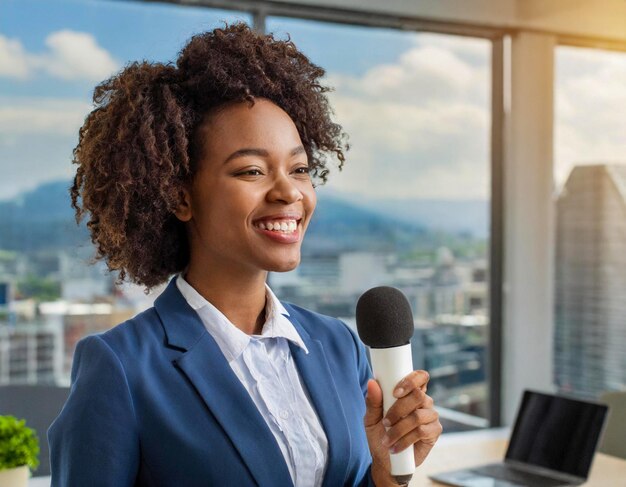 Motivatieve vrouwelijke spreker met microfoon die op kantoor spreekt voor een zakelijk seminar