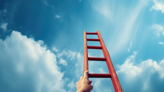 Motivation Career Growth Concept Mans Hand Reaching For Red Ladder Leading To A Blue Sky