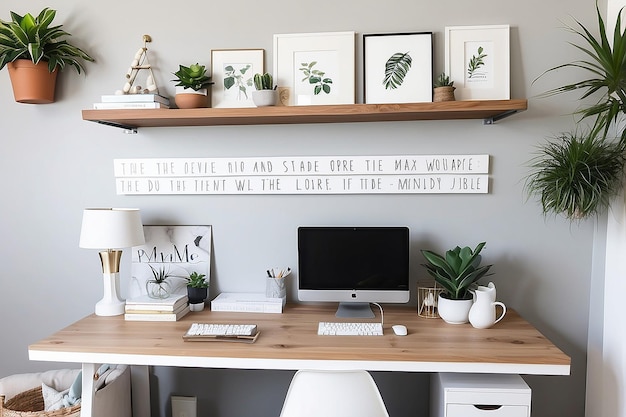 Photo motivation station home office bliss with floating shelf and quotes