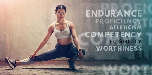 Photo motivation stretching and fitness words for wellness by woman exercise workout or training athlete mindset or sports quote for health and for a strong body muscle or endurance challenge