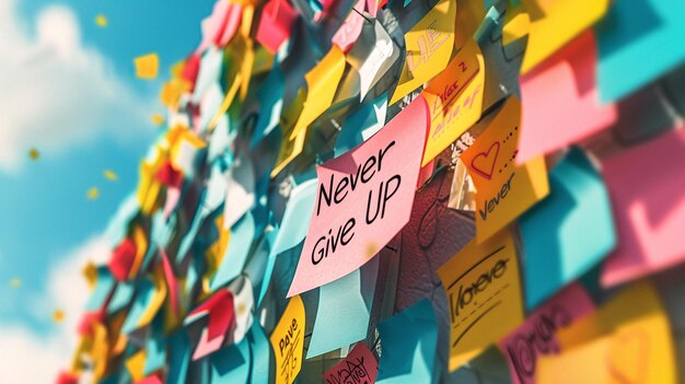 Photo motivational colored sticker with the inscription never give up
