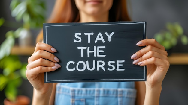 Photo motivational concept woman with stay the course sign for success on abstract background