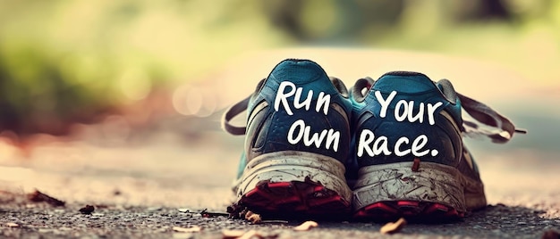 Foto un'immagine di fitness motivazionale con un paio di scarpe da corsa e la frase esegui la tua gara