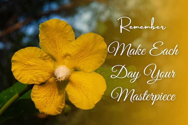 Motivational and inspirational quote Make each day your masterpiece With yellow flower and blurred nature background