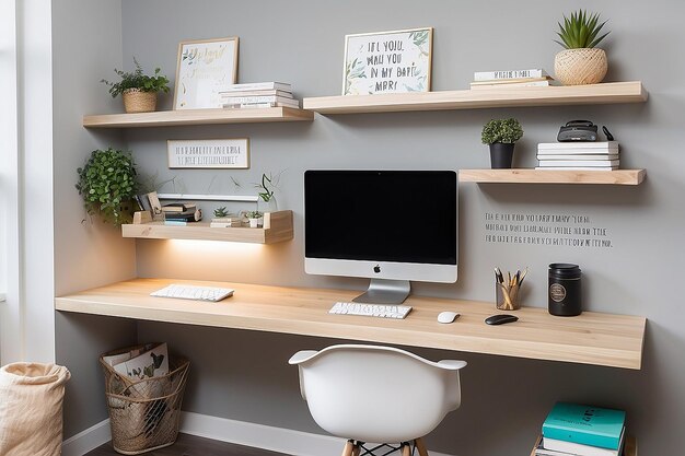 Motivational Mastery Floating Shelf Desk and Quotes Wall in Home Office