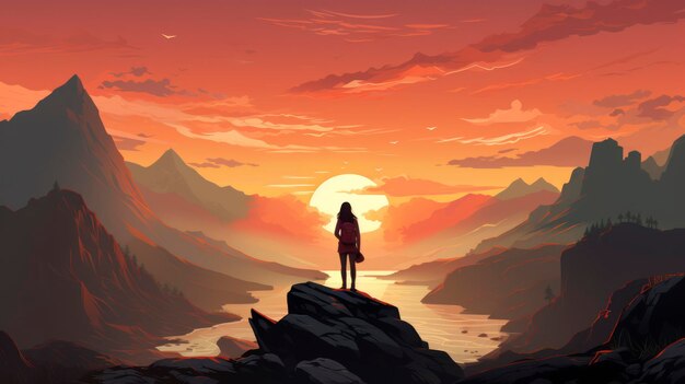 Motivational poster girl standing alone on the rocks watching the sunset on the mountain Vector illustration