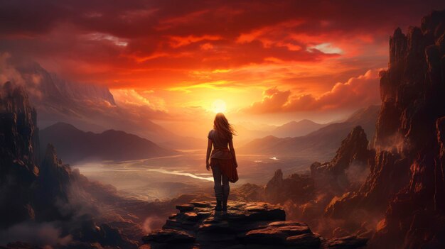 Motivational poster girl standing alone on the rocks watching the sunset on the mountain Vector illustration