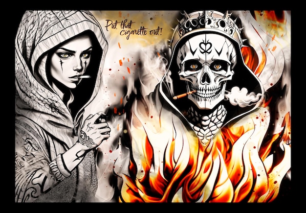 禁煙の女の子と煙と火の中にタバコを持つ頭蓋骨の動機付けのポスター