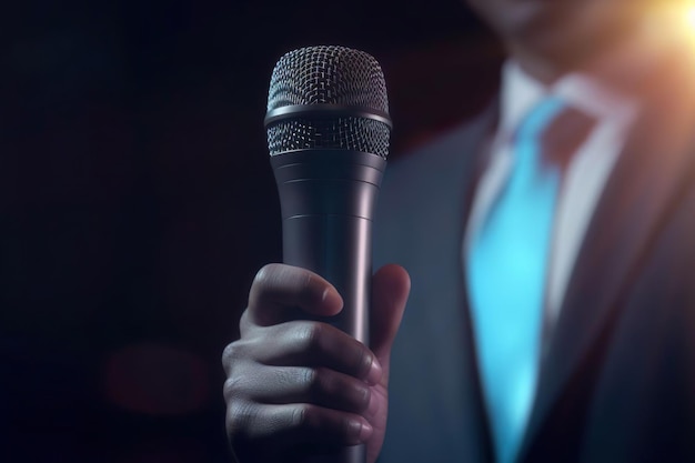 Motivational speaker holding microphone on stage