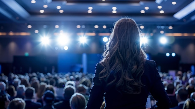 Motivational speaker with headset performing on stage back view