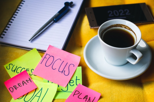 Motivational words on sticky notes with cup of coffee for business background concept