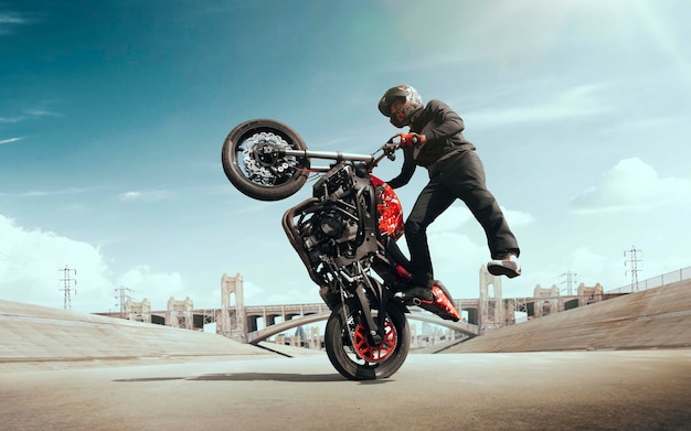 Moto rider making a stunt on his motorbike Biker doing a difficult and dangerous stunt