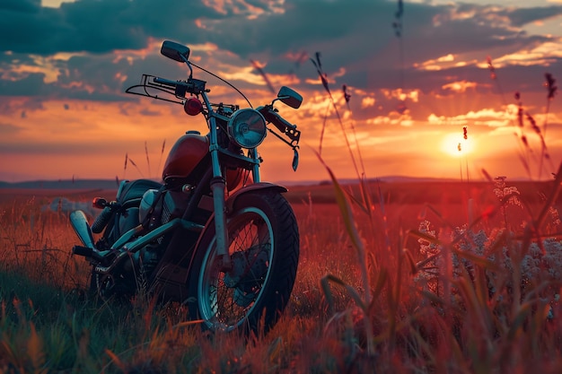 夕暮れのモーターバイクがフィールドに立っている