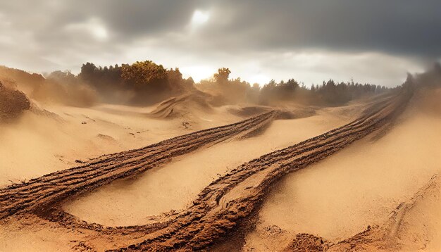 Motocross and auto sport track on sand Wheel tracks on sand Illustration Art