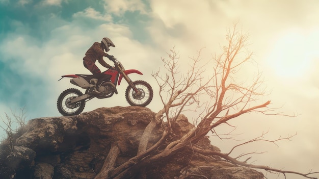 Motocross Man professional motorcyclist in full moto equipment riding crops enduro bike on mountain