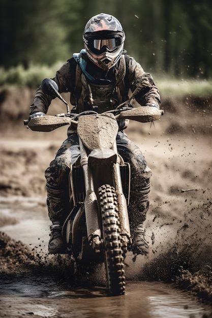 Motocross race in muddy dirt arena generative ai