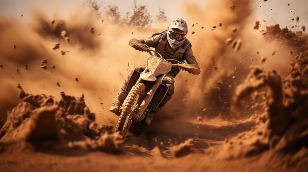 Motocross racer accelerating in dust track motocross bike in a race representing the concept of spe