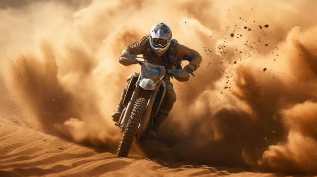 Motocross racer accelerating in dust track motocross bike in a race representing the concept of spe