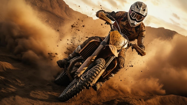 Motocross racer accelerating in dust track motocross bike in a race representing the concept of spe